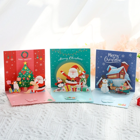 Christmas 3D Pop-Up Greeting Cards Handmade Laser Cut Paper Holiday Blessing Message Cards With Envelopes Festive Decor