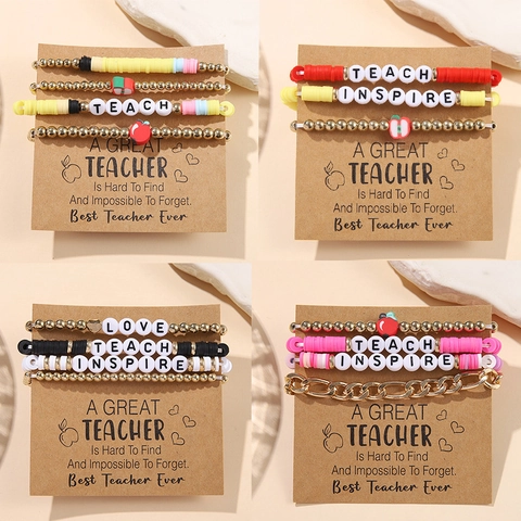 Inspirational Letter Bracelet Polymer Clay Heishi Beads Apple Charm Teacher Appreciation Day Gift Bohemian Jewelry Accessory