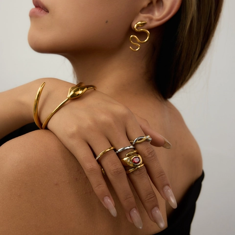 Snake Jewelry Bangle And Ring Stainless Steel Zircon Green Gemstone Waterproof Hypoallergenic Retro Elegant For Women