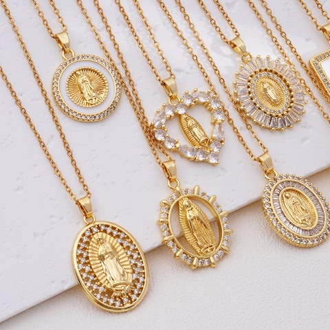 Collier Pendentif Vierge Marie Cuivre Plaqué Or Zircone Bijoux Religieux Pour Femmes Notre Dame De Guadalupe Rétro