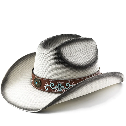 Western Cowboy Hat Vintage Straw Woven Wide Brim With Embroidered Belt And Turquoise Buckle Outdoor Sun Protection For Men