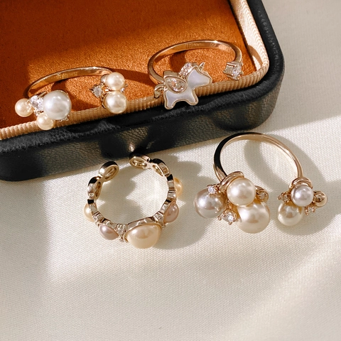 Copper Zircon Mother Of Artificial Pearl Ring Women Open Adjustable Unicorn And Cluster Artificial Pearl Elegant Retro Palace Style Jewelry