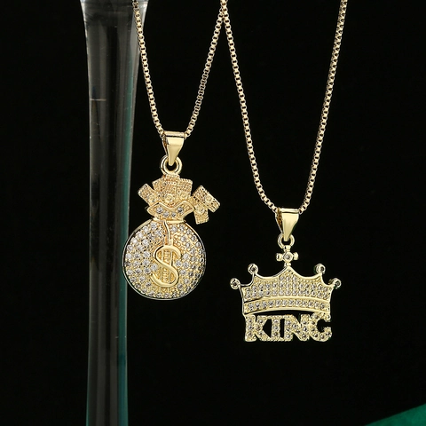 Hip Hop Pendant Necklace Gold Plated Copper With Iced Out Cubic Zirconia Crown King Money Bag Design For Women And Men