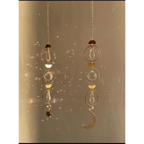 Crystal Suncatcher Gold Metal Sun Moon Prisms Rainbow Maker Window Hanging Decoration Geometric Aesthetic Boho Home Ornament