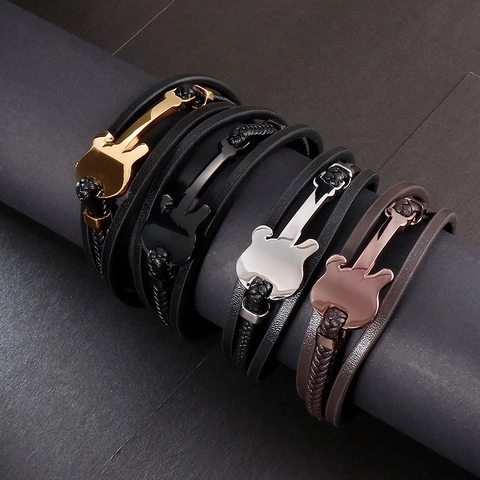 Pulsera De Cuero Trenzado Para Hombre Acero Inoxidable Mini Guitarra Dije Multicapa Retro Música Muñeca Cierre Magnético