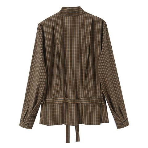 Women Long Sleeve Plaid Blouse Polyester Stand Collar Waist Bow Tie Drawstring Retro Casual Shirt