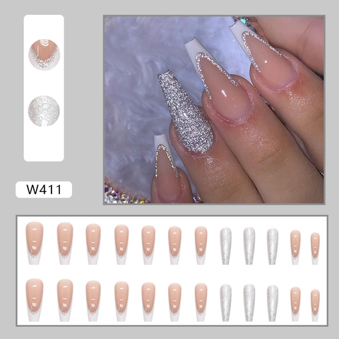 Lange Coffin Press On Nägel Französische Weiße Spitze Silber Glitzer Nude Künstliche Nägel Maniküre Süßer Stil