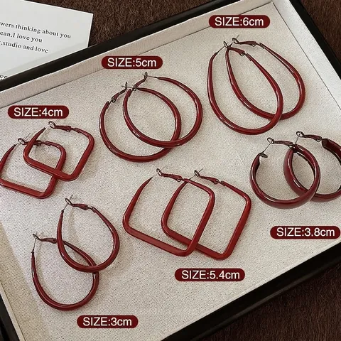 Red Geometric Hoop Earrings For Women With 925 Sterling Silver Earring Post Copper Vintage C Shaped Fashion Jewelry