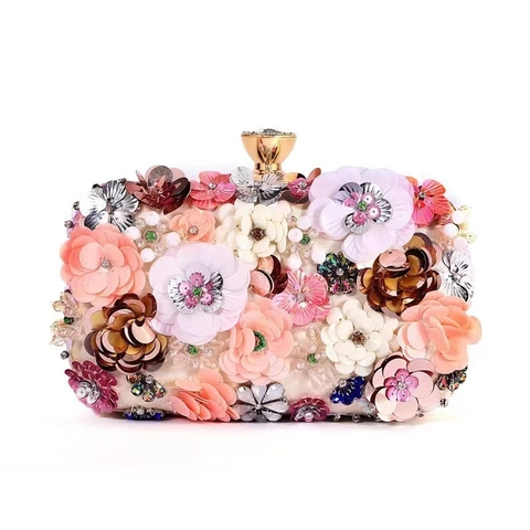 Women 3D Flower Evening Clutch Bag Satin Fabric Floral Sequins Rhinestone Handbag With Metal Handle And Removable Chain