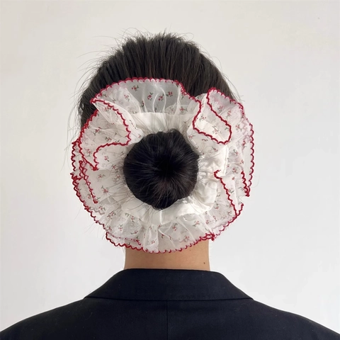 Oversized Scrunchies Bloemenprint Kant Mesh Organza Contrast Golvende Rand Zoete Haarbanden Dames