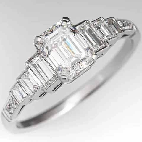 Emerald Cut Cubic Zirconia Ring Art Deco Style Copper Jewelry With Baguette Side Stones Elegant Anniversary For Women