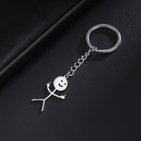 Funny Stickman Middle Finger Keychain Stainless Steel Satirical Smiley Face Keyring Novelty Gag Gift