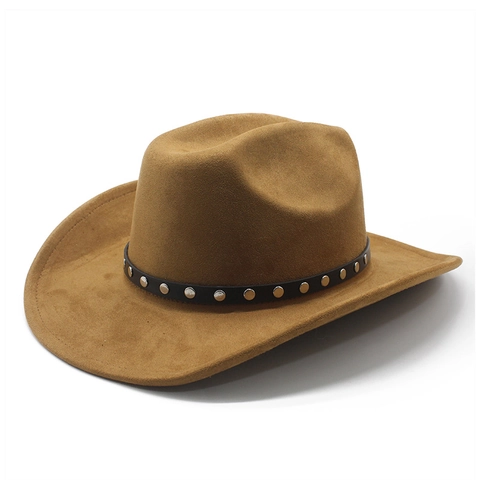 Westerse Cowboyhoed Suède Polyester Brede Rand Retro Stijl Met Klinknagel Leren Band Voor Dames En Heren