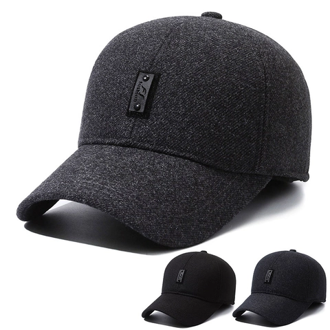 Men Winter Warm Baseball Cap With Ear Protection Windproof Woolen Blend Outdoor Sport Hat Adjustable Solid Color Casual