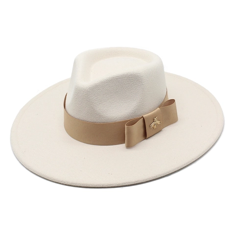 Wide Brim Fedora Hat Cotton Polyester Jazz Hat With Ribbon Band And Metal Bee Charm Vintage For Women Men