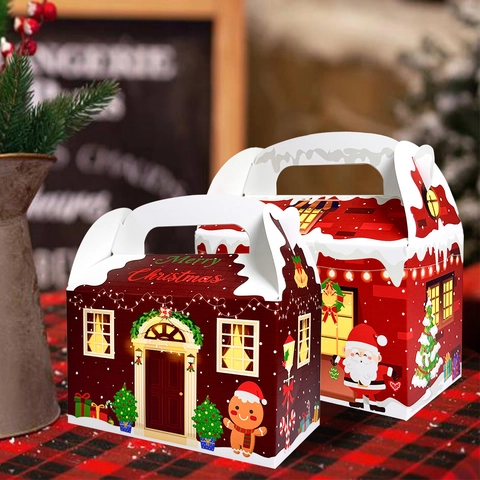 Christmas House Shape Gift Boxes Cardboard Paper Candy Cookie Packaging With Handle Festive Party Supplies Santa Snowman