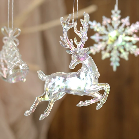 Ornements De Noël Suspendus En Acrylique Irisé Renne Flocon De Neige Cloche Couronne Citrouille Carrosse Pendentifs
