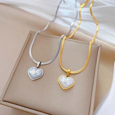 Collana Con Pendente A Cuore Acciaio Inossidabile Madreperla Iridescente Catena A Serpente Gioielli Eleganti Per Donna