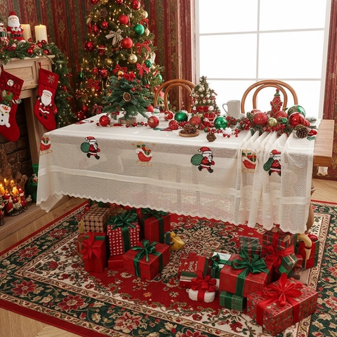 Nappe De Noël Rectangulaire Père Noël Brodé Dentelle Tissu Décoration De Table À Manger De Fête Beige