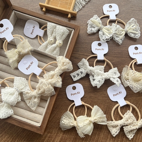 Sweet Lace Bow Hair Ties For Women Kids Cream White Mesh Ribbon Ponytail Holders Pearl Embellished Handmade Elastic Hair Bands Accessories