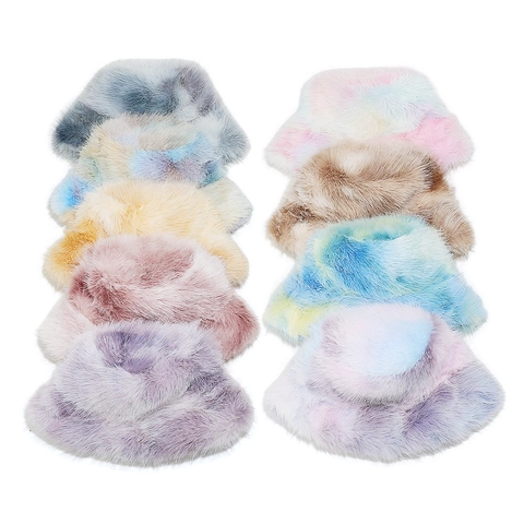 Dames Emmerhoed Van Namaakbont Tie Dye Gradiënt Regenboog Pluche Dik Warm Winter Basin Hat Voor Buiten Casual