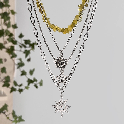Collana A Strati Boemia Lega Pietra Triturata Pendente Sole Stella Gioielli Vintage Donna