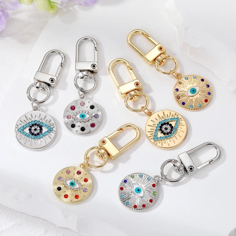 Bohemian Vintage Evil Eye Keychain Metal Alloy Rhinestone Inlaid Round Pendant Keyring For Women Handbag Accessories Gift