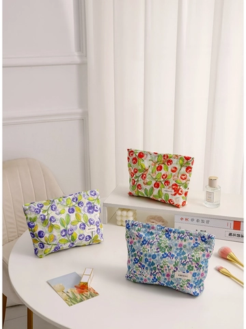 Borsa Cosmetica Floreale Dolce da Donna in Tela di Cotone Portatile Organizer per Trucco da Viaggio Borsa da Toilette con Cerniera e Stampa di Bacche Mirtilli