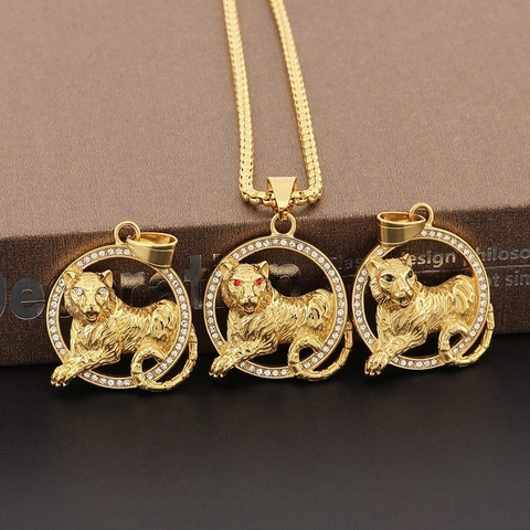 Hip Hop Tiger Anhänger Halskette Titanstahl Luxus Iced Out Rhinestone Tier Schmuck Für Männer