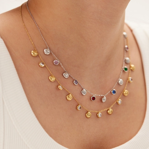 Pendant Necklace Stainless Steel 18K Gold Plated Shell Colorful Zircon Inlay Elegant Ins Style Jewelry For Women