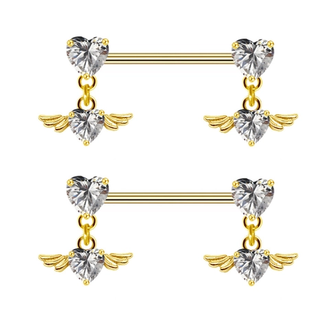 Heart Shape Nipple Rings 316L Stainless Steel Barbell Angel Wings Zirconia Pendant Body Piercing Jewelry