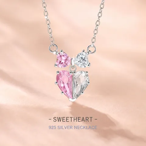 925 Sterlingsilber Herz Schleife Anhänger Halskette Rosa Weiß Zirkonia Eingelegt Verstellbare Kette Damen Schmuck Geschenk