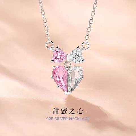 Collana con Ciondolo a Cuore e Fiocco in Argento Sterling 925 Zirconia Rosa e Bianca Regolabile Gioielli Donna Regalo
