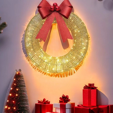 Weihnachtskranz LED Beleuchtet Glitzer Schleife Metallrahmen Festliche Wanddekoration Feiertagsdeko