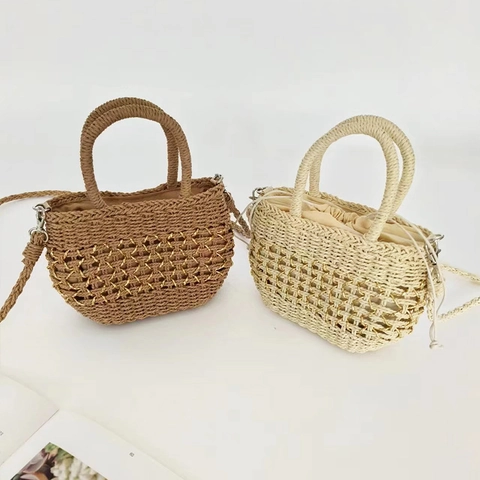 Women Straw Woven Handbag Hollow Out Bucket Bag With Drawstring Liner And Long Shoulder Strap For Summer Beach Vacation