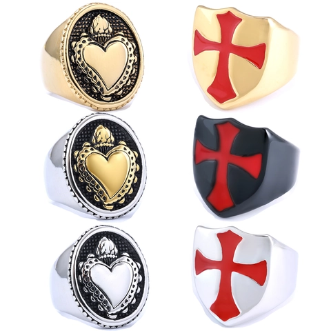 Anello Da Uomo In Acciaio Inossidabile Vintage Gothic Punk Croce Crociata Scudo Cuore Smalto Rosso Gioiello