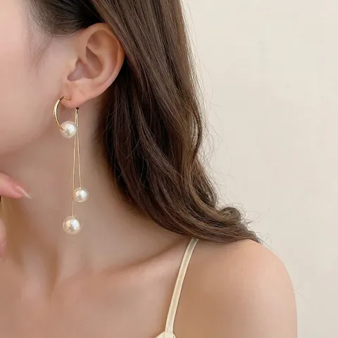 Orecchini Lunghi Pendenti Nappa Eleganti Rame Placcato Oro Con Künstliche Perle Sintetiche Stile Lineare Donna Perno In Argento