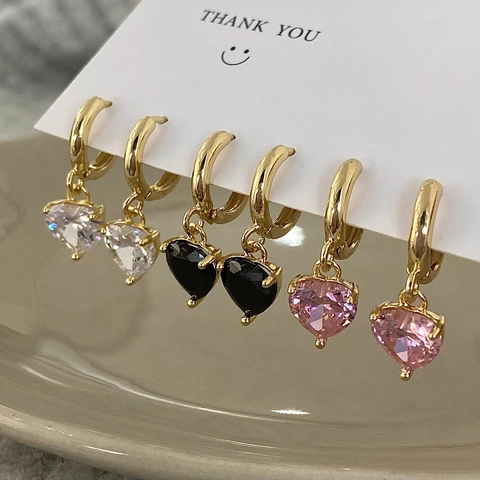 Pendientes De Aro Con Colgante De Corazón De Circón Cobre Chapado En Oro Real Simple Elegante Joyería Para Mujer