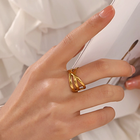 Anillo Abierto Ajustable De Acero Inoxidable Línea Cruzada Multicapa Geométrico Calado Joyería De Moda Para Mujer