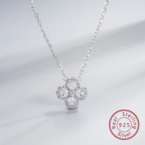 Collar con Colgante de Trébol de Cuatro Hojas de Plata de Ley S925 para Mujer Elegante Flor Hueca Diamantes de Imitación Incrustados Cadena Joyería Regalo