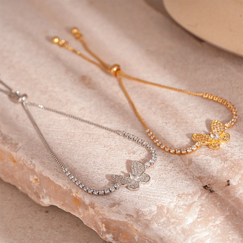 Zirkon Schmetterling Armband Kupfer Verstellbar Bolo Schieber Tennis Kette Funkelnder Zarter Schmuck Für Damen Elegantes Geschenk