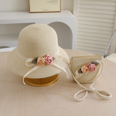 Kids Straw Hat And Crossbody Bag Summer Sun Protection Breathable Floral Lace Bow Beach Headwear Purse For Girls