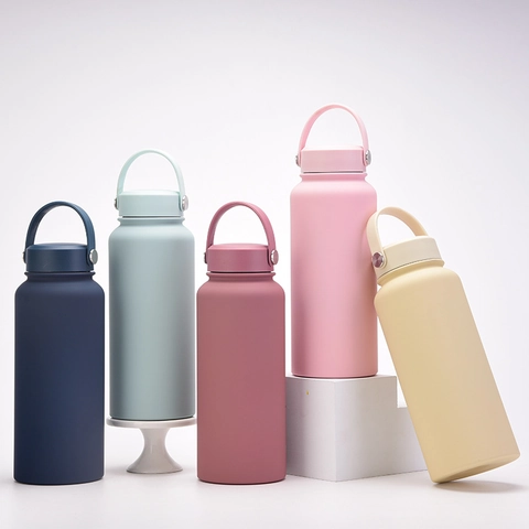 Stainless Steel Vacuum Insulated Water Bottle Wide Mouth Sport Outdoor Portable Flask With Handle Lid Matte Finish Multi Color