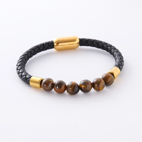 Herren Geflochtenes Lederarmband Mit Natürlichen Tigerauge Steinen Und Edelstahl Magnetverschluss Lässiger Punk Schmuck