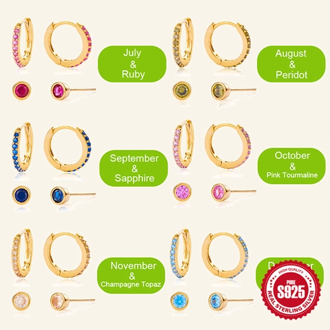925 Sterling Silver Earring Set Multi-Color Zirconia Hoop And Stud Earrings Gold Plated Minimalist Fashion Jewelry For Women
