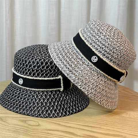 Sombrero De Paja Estilo Cubo Para Mujer Elegante Con Cinta De Perlas Artificiales Imitación Y Hebilla Letra M Verano Playa