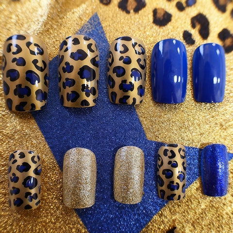 Medium Length Blue Leopard Print Gold Glitter Press On Nails Coffin Shape ABS Plastic Fashionable Manicure For Women