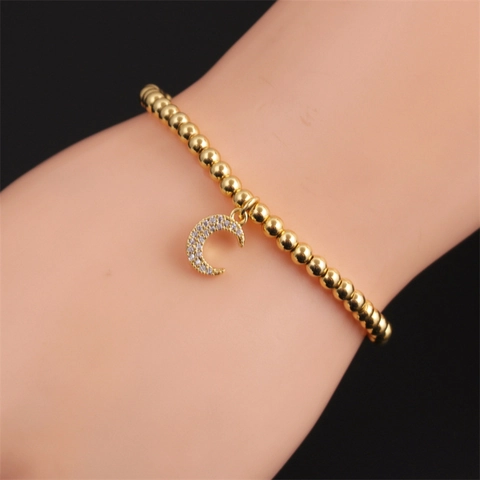 Bracciale In Rame Placcato Oro Con Perline Rotonde E Ciondolo A Luna Con Zirconi Gioiello Celestiale Per Donna