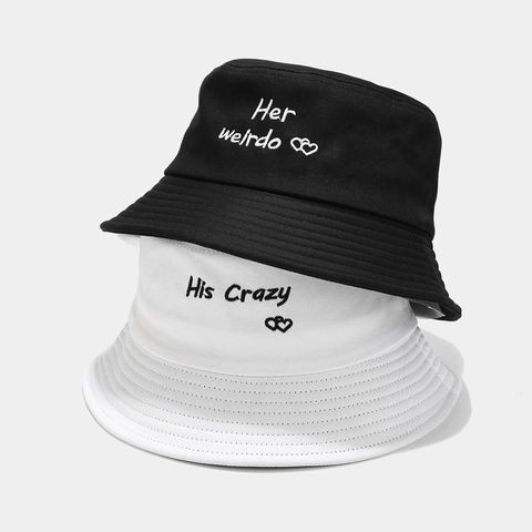 Bucket Hat Cotton Embroidered Heart Letters Couple Sun Protection Casual Sun Hat For Women Men Streetwear Style
