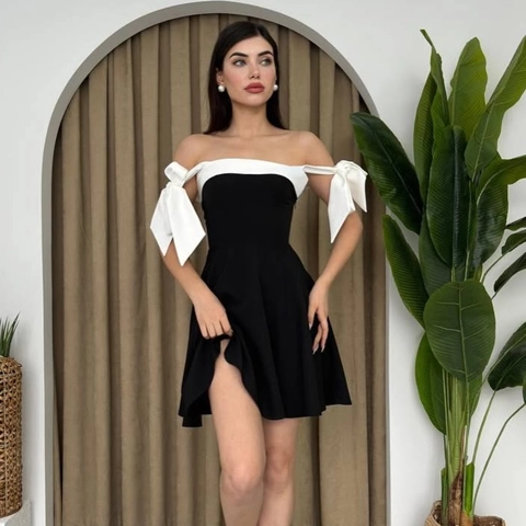Damen Minikleid Kontrastfarbe Off Shoulder Große Weiße Schleife Schultergurte Hohe Taille A-Linie Schlankmachend Polyester Spandex